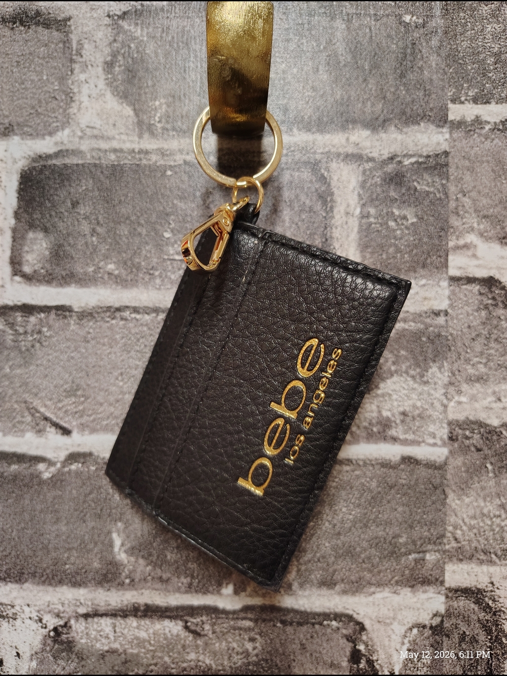 bebe Black Faux Leather Cardholder Keychain with Gold Logo